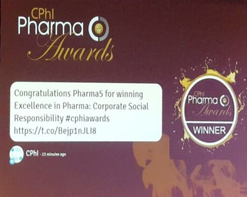 Pharma 5 reçoit le prix des CPhI Pharma Awards dans la catégorie "Corporate Social Responsibility"