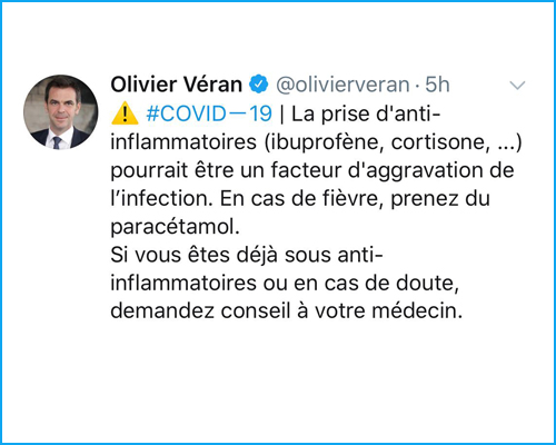 Olivier Véran:  un anti-inflammatoire pourrait aggraver l'infection !